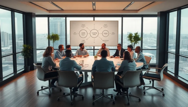 Visuelle Darstellung des professionellen Headhunting Vertriebs mit einem engagierten Team, das in einem modernen Büro brainstormt.