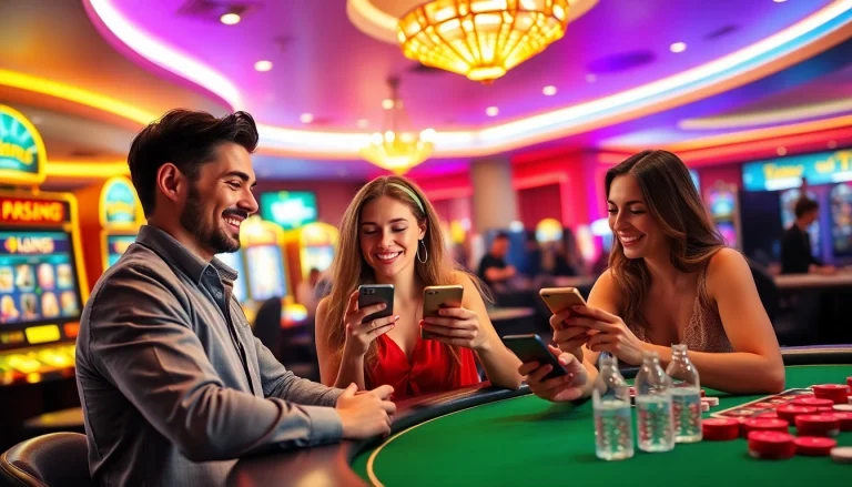 Visualisieren Sie die besten Casino Apps in einem modernen Casino-Setting mit glücklichen Spielern, die ihre Smartphones benutzen.