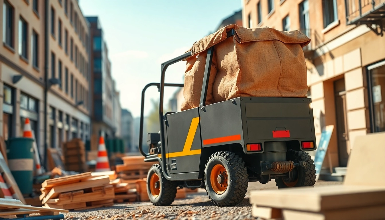 Bagger leihen Hannover: Aktiver Minibagger umgeben von Bauausrüstung in einer städtischen Umgebung.