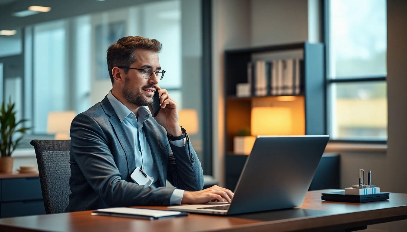 Headhunter Karlsruhe am Telefon, professionelles Büroambiente mit modernem Design