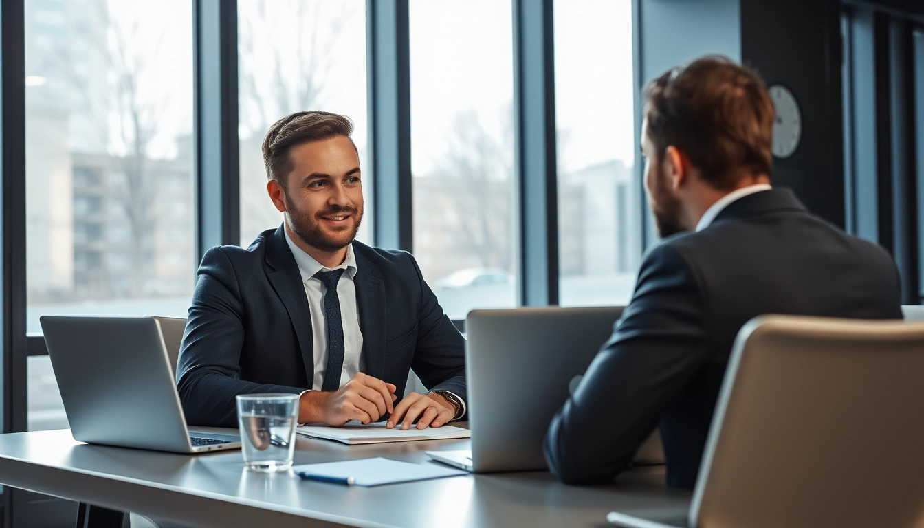 Headhunter Hagen führt ein professionelles Gespräch mit einem Kandidaten in modernem Büro.