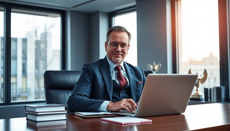 Headhunter CEO, professioneller Headhunter in modernem Büro, der auf Laptop arbeitet.