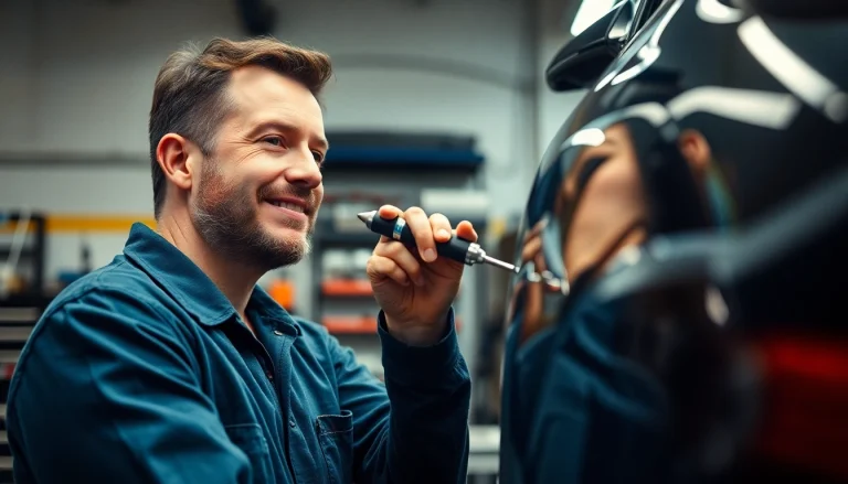 Dellen entfernen beim Dellendoktor München mit professionellem Werkzeug in einer modernen Werkstatt.