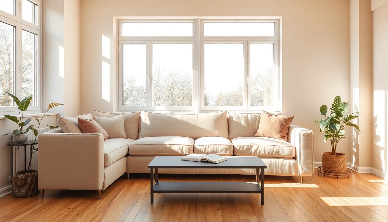 Raumgestaltung mit einem einladenden Wohnzimmer, das durch lichtdurchflutete Fenster und sanfte Farben besticht.