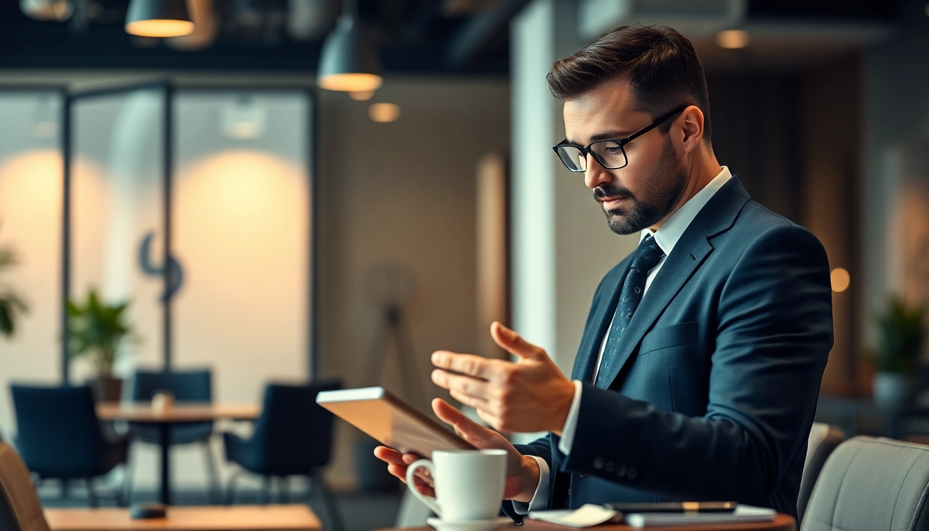 Headhunter consulting a digital tablet in a modern office.
