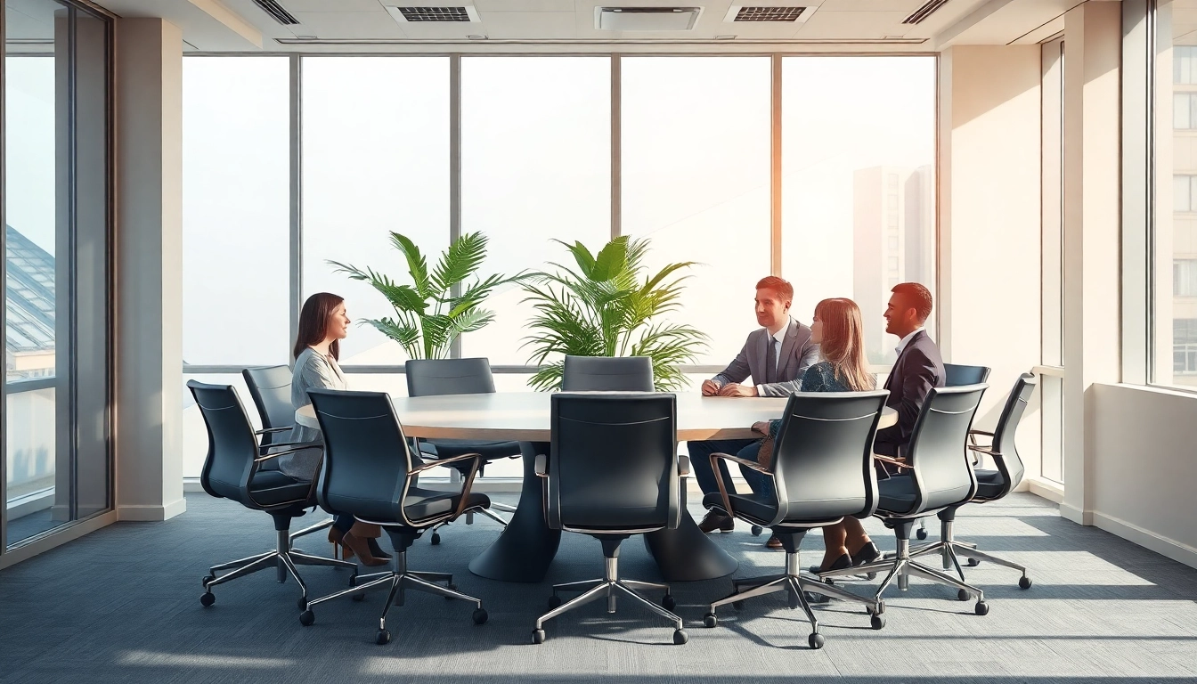 Professionelle Besprechung zur Personalvermittlung in einem modernen Büro mit Fachleuten an einem runden Tisch.