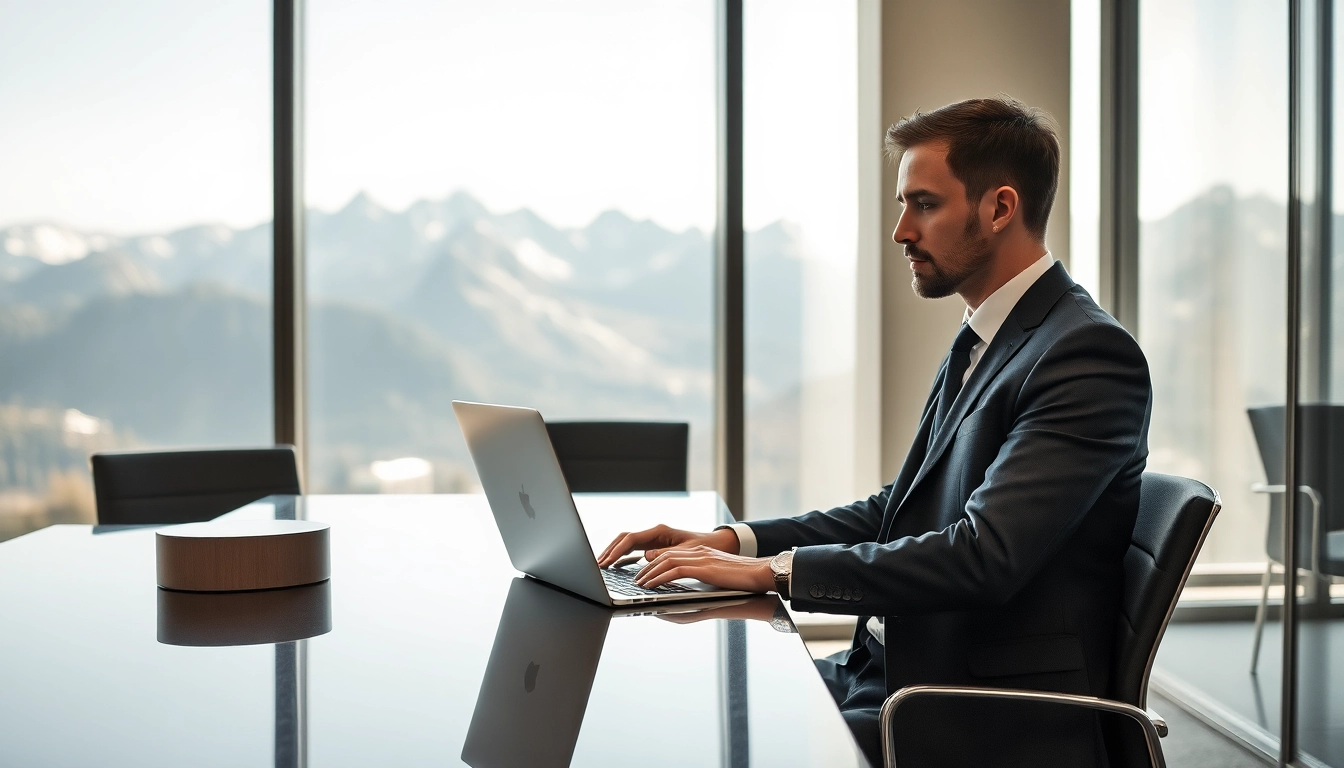 Visualisieren Sie einen Headhunter Schweiz, der fokussiert an seinem Laptop arbeitet und dabei die Schweizer Alpen im Hintergrund sieht.