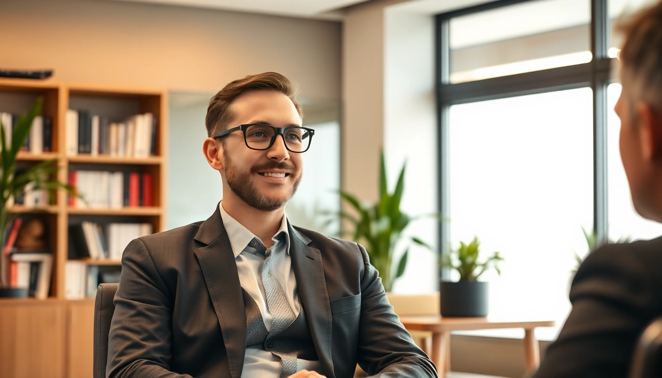 Headhunter führt ein informatives Gespräch in einem modernen Büro mit einem Klienten.