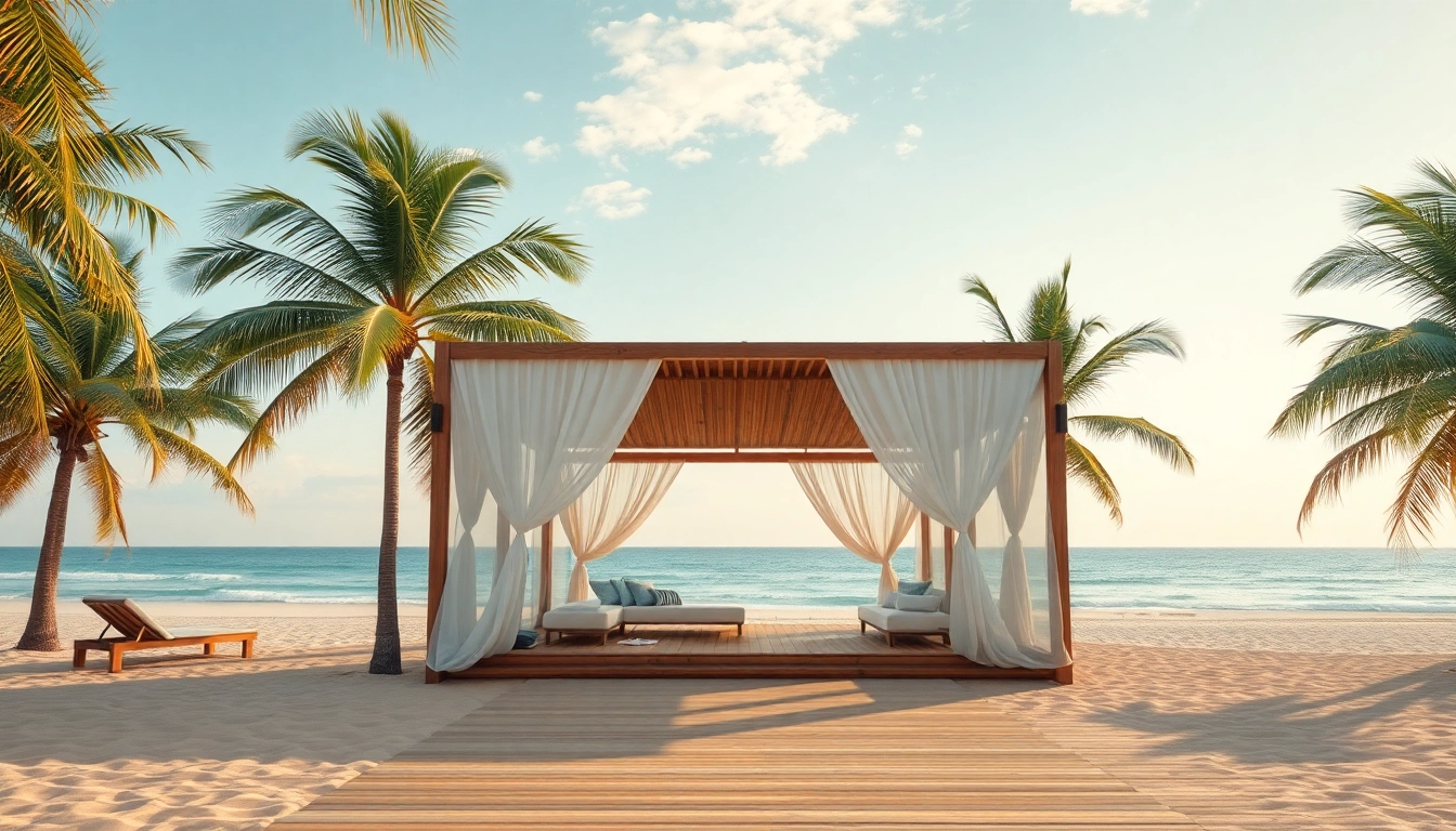 Entspannen Sie im Coastal Cabana umgeben von Sonne, Strand und Palmen.