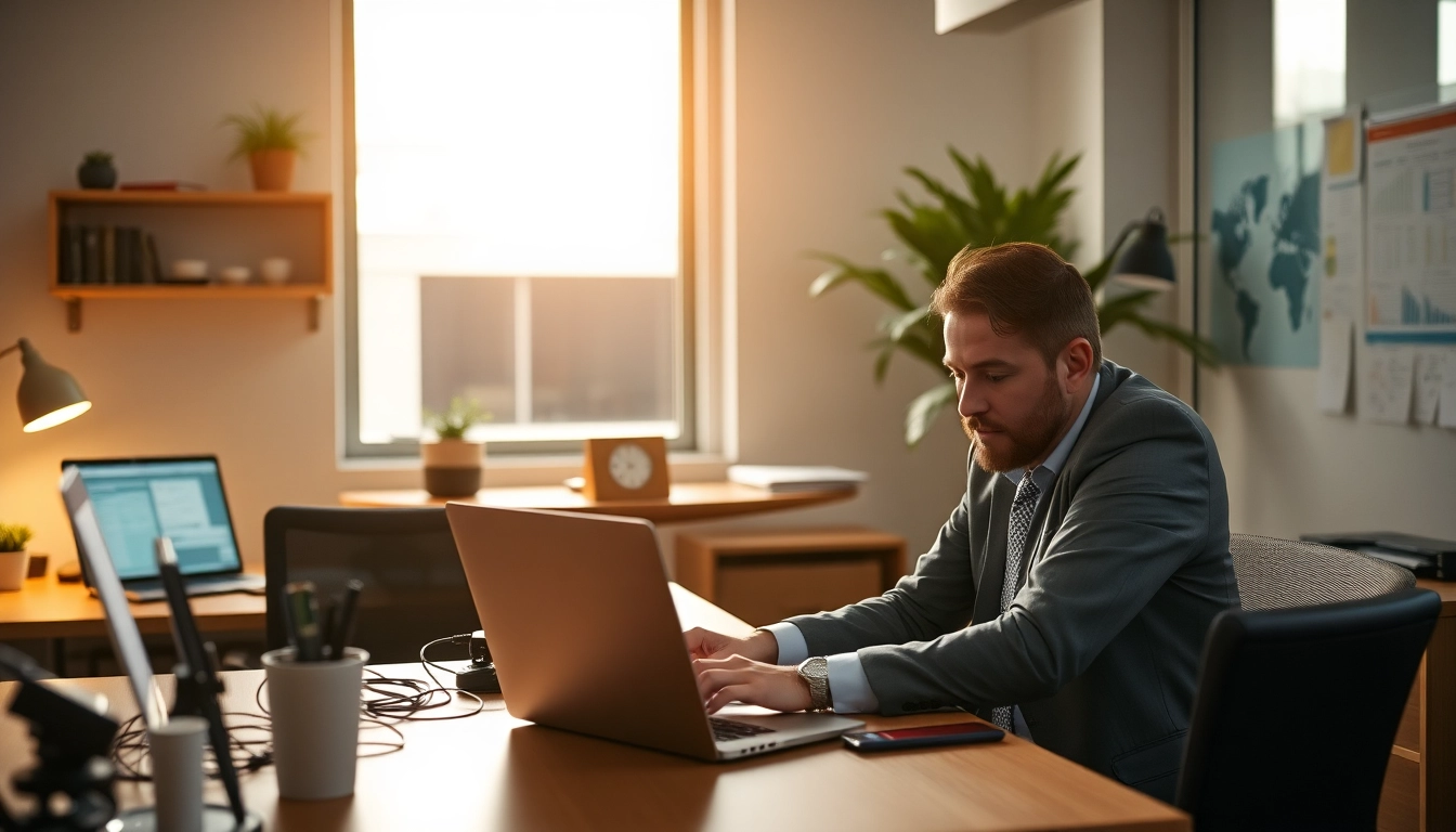 Professioneller Headhunter IT bei der Arbeit in einem modernen Büro, umgeben von Technologie und Notizen.