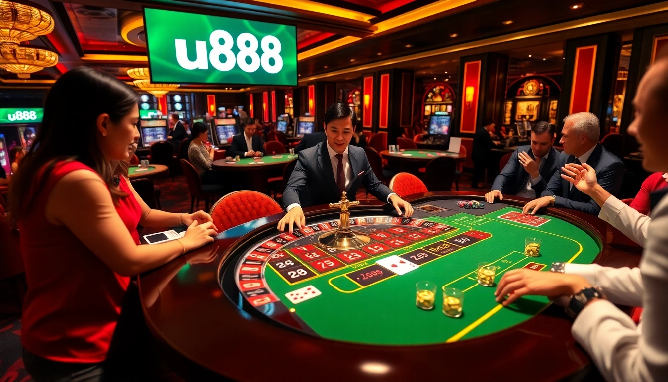 Gambling scene at u88 casino featuring roulette, colorful chips, and excited players.