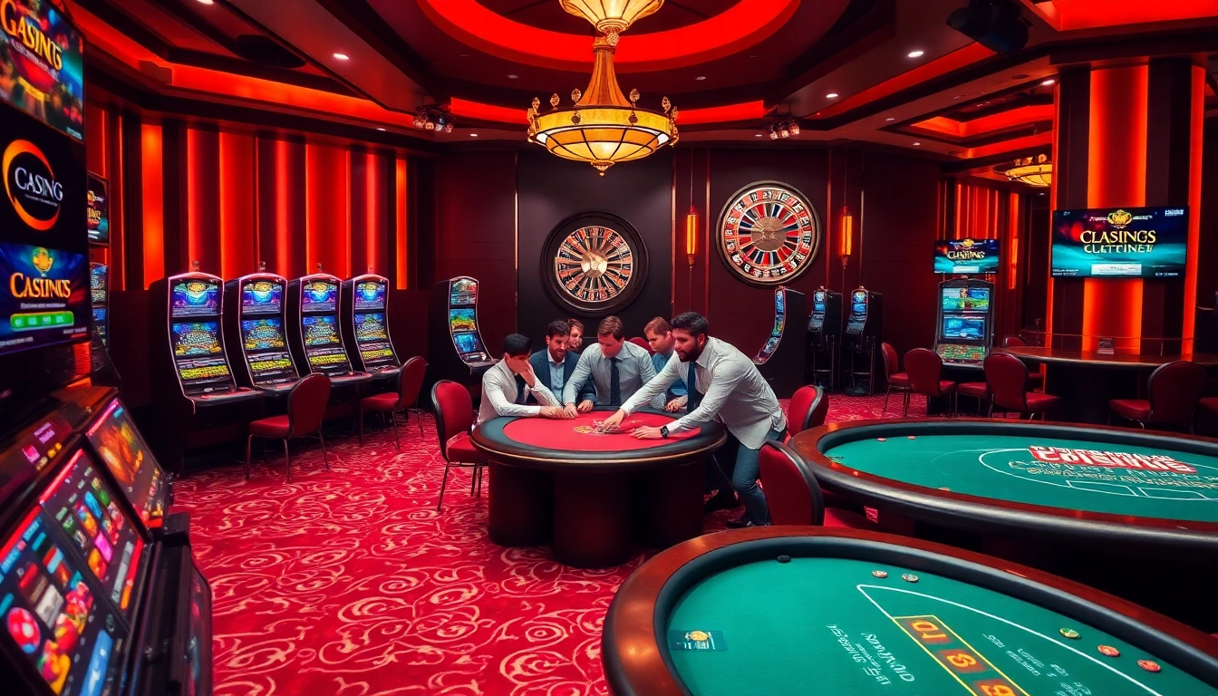 Engaging scene at https://cf789.lat featuring players at a poker table with vibrant slot machines.