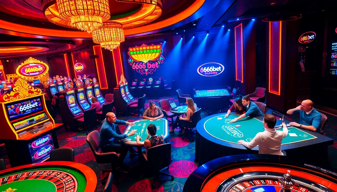 Experience the thrill of 6666bet with players engaged in poker and vibrant slot machines.
