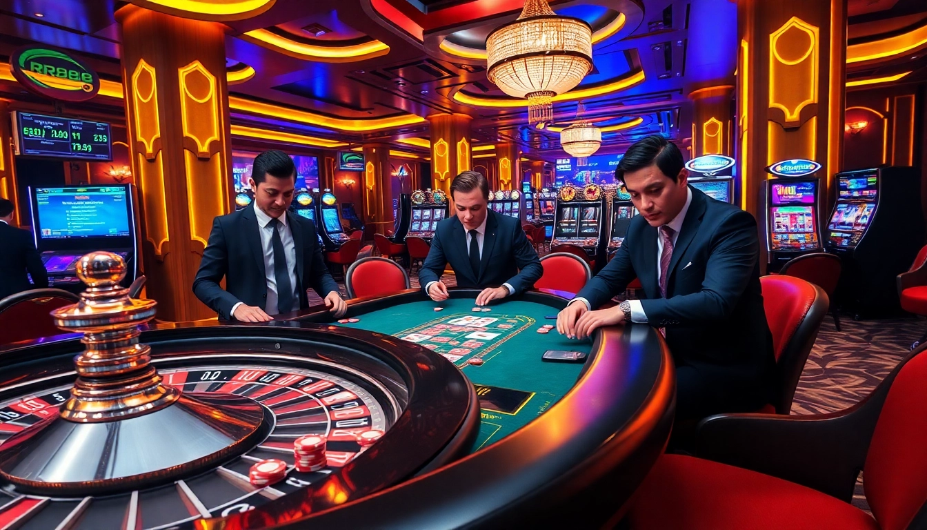 Exciting casino scene showcasing RR88.shopping with poker players and vibrant slot machines.
