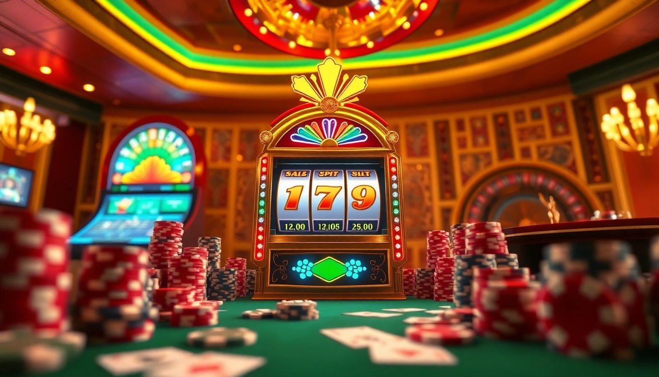 Players indulge in thrilling games at OK789, showcasing vibrant slot machines and rich casino decor.