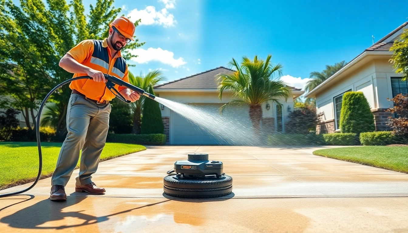 Driveway pressure wash in progress, showing professional cleaning service transforming a dirty concrete driveway into a spotless surface.