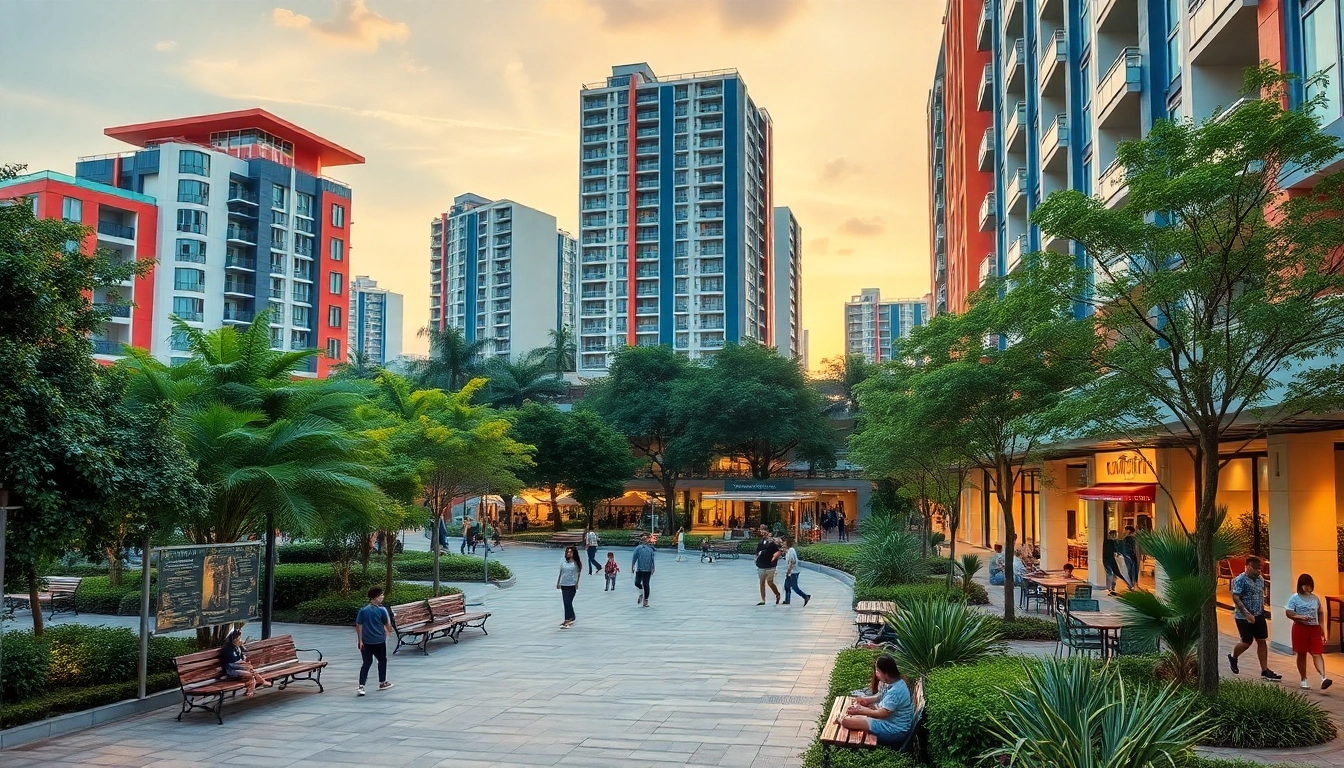 Tampines EC showcases a lively urban landscape with people enjoying outdoor activities.