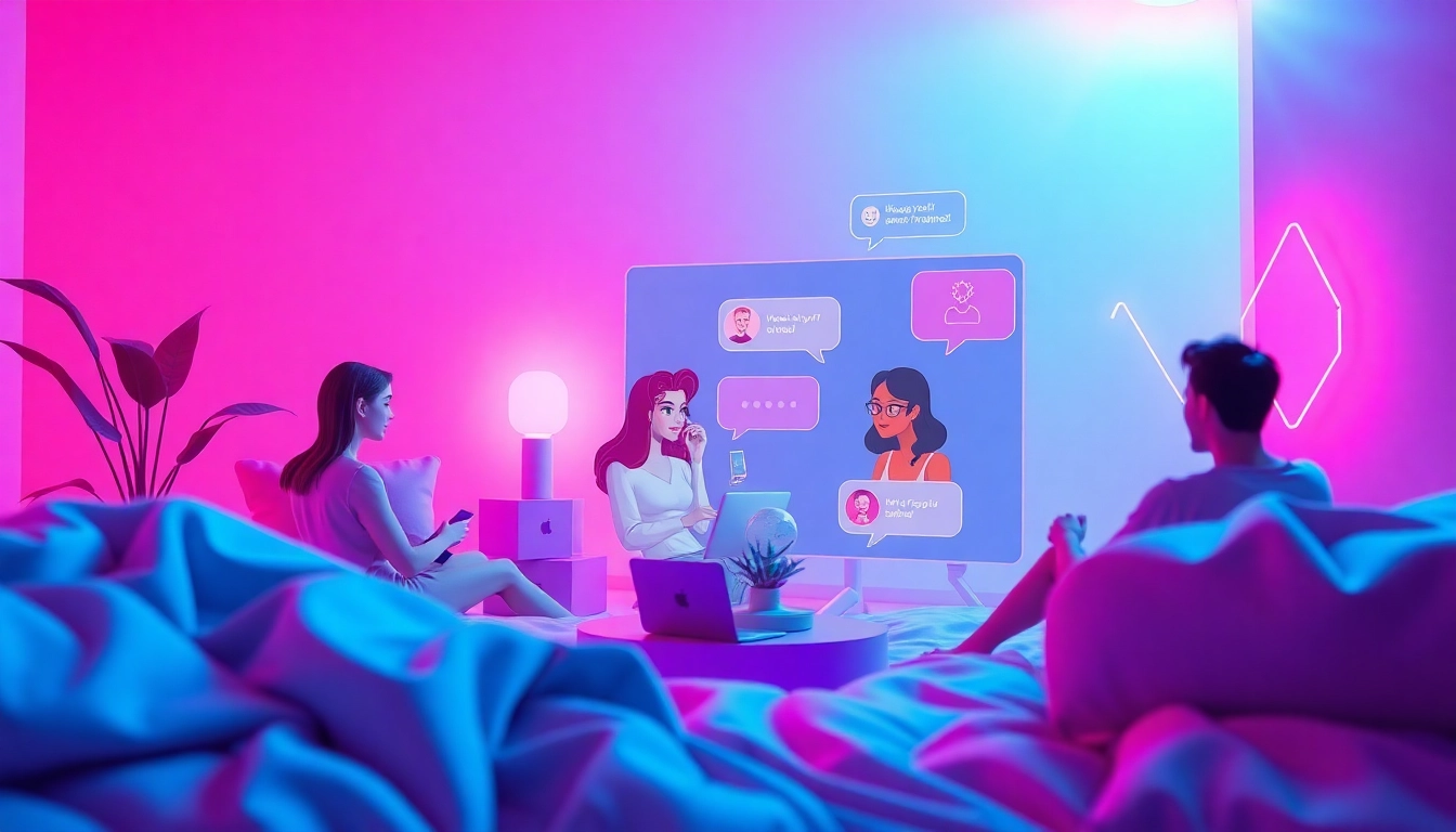 Porn AI chat interface with engaging characters and vibrant neon lights.