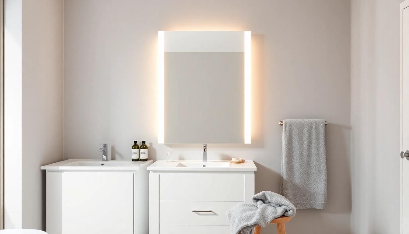 Elegant gestalteter sonni Spiegelschrank im Badezimmer mit warmem Licht und stilvollen Akzenten.