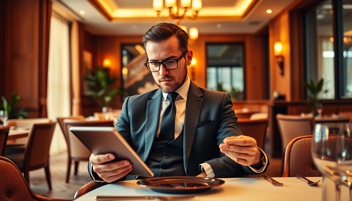 Headhunter Gastronomie analysiert Bewerbungsunterlagen in einem stilvollen Restaurant mit eleganter Einrichtung.