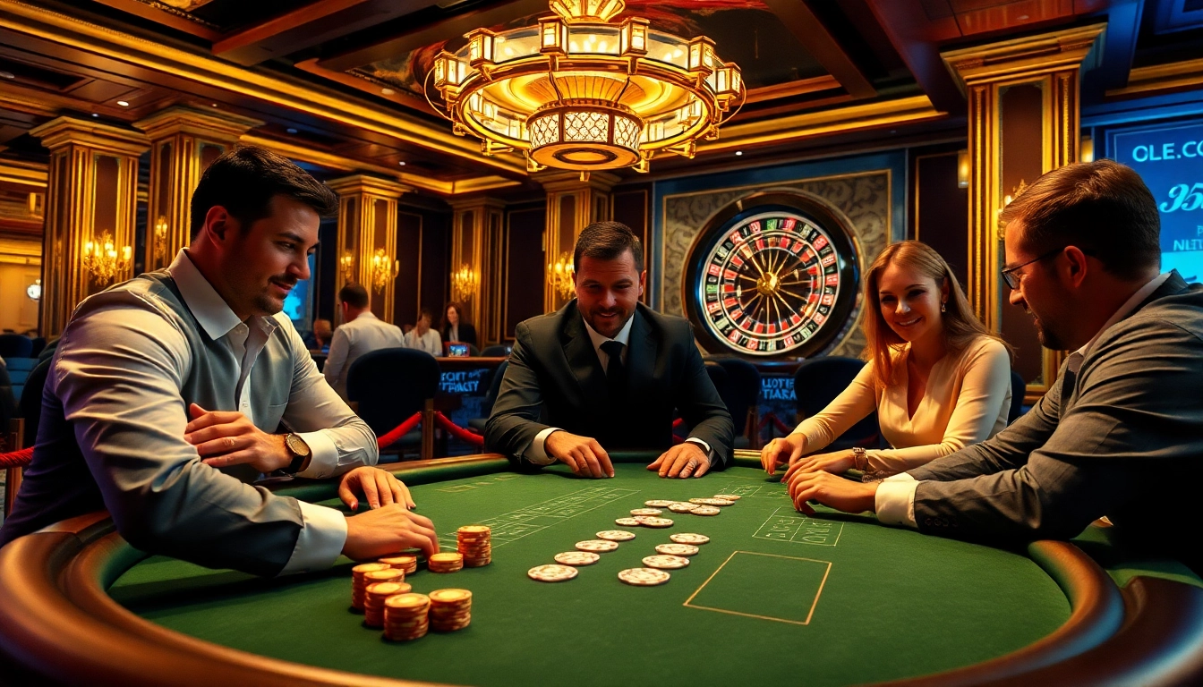 Engaged players at a high-stakes 136bet poker table in a luxurious casino setting.