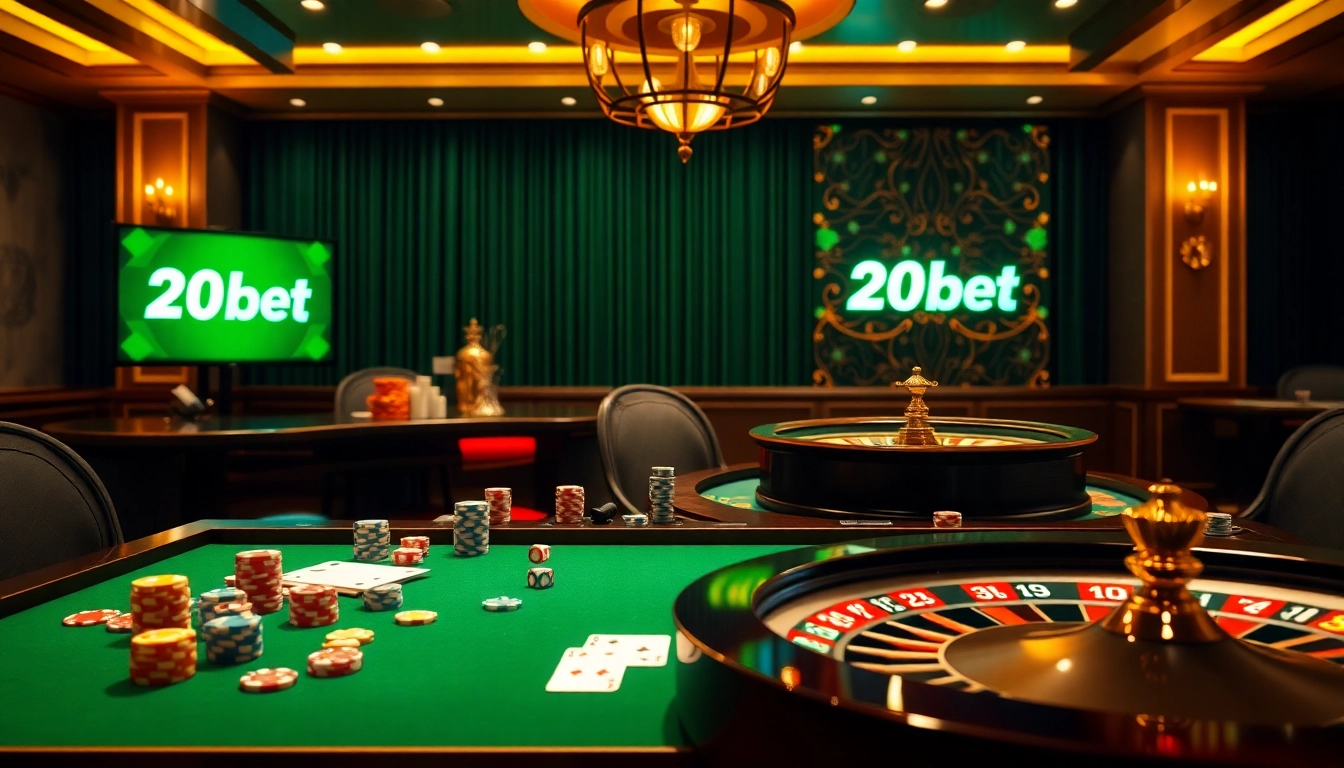 Experience the thrill of 20bet with vibrant casino tables, poker chips, and roulette wheels.