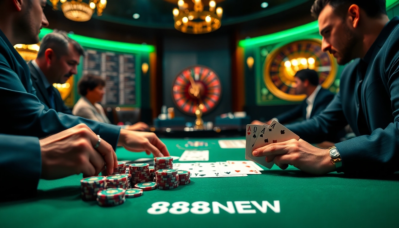Players strategizing at the 888NEW poker table in a vibrant casino setting.