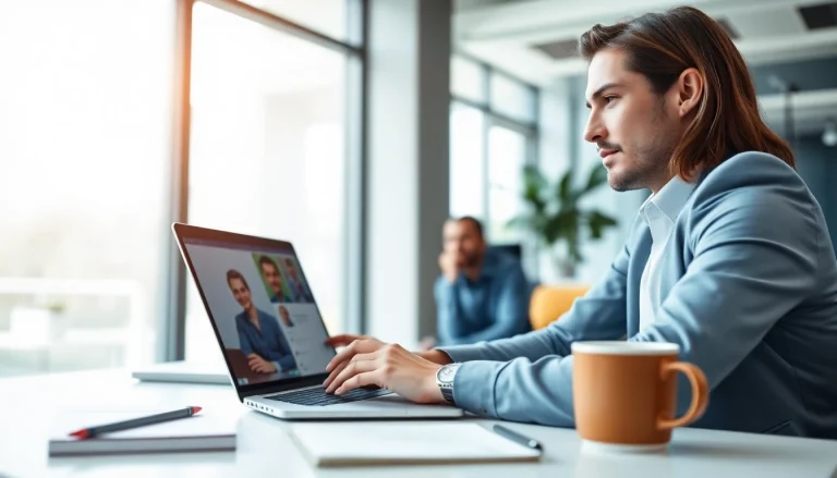 Headhunter IT führt professionelles Gespräch am Laptop in modernem Büro.