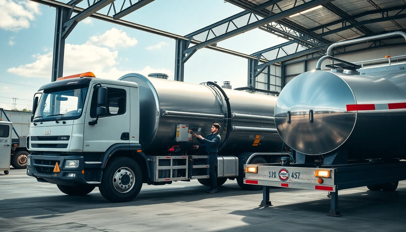 Effiziente Tankentsorgung mit einem Techniker und einem Vakuumfahrzeug in einem Industrieumfeld.