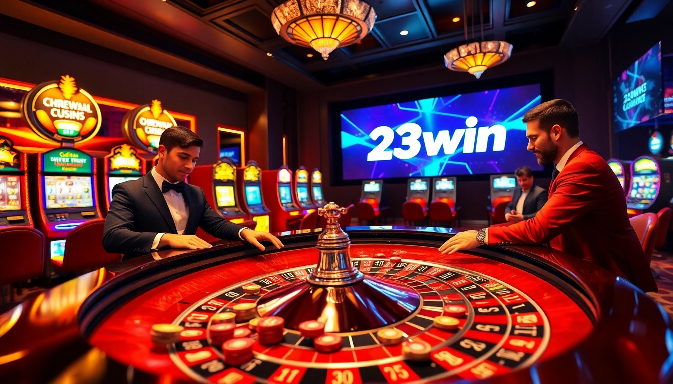 Experience excitement with 23win at a luxury casino featuring roulette, vibrant chips, and slot machines.