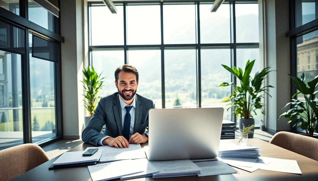 Headhunter Schweiz in an elegant office with resumes and a laptop, showcasing recruitment expertise.