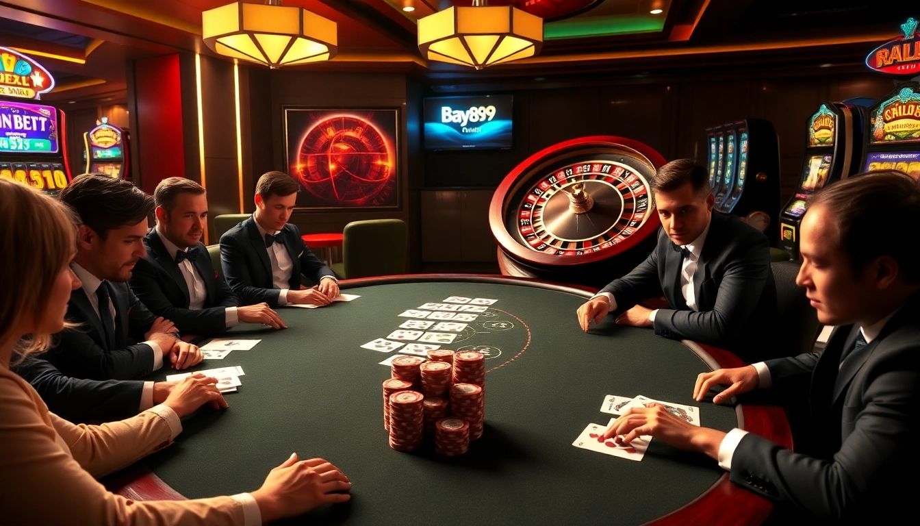Watch players engage in an exciting poker game at Bay789 casino, showcasing chips and cards.