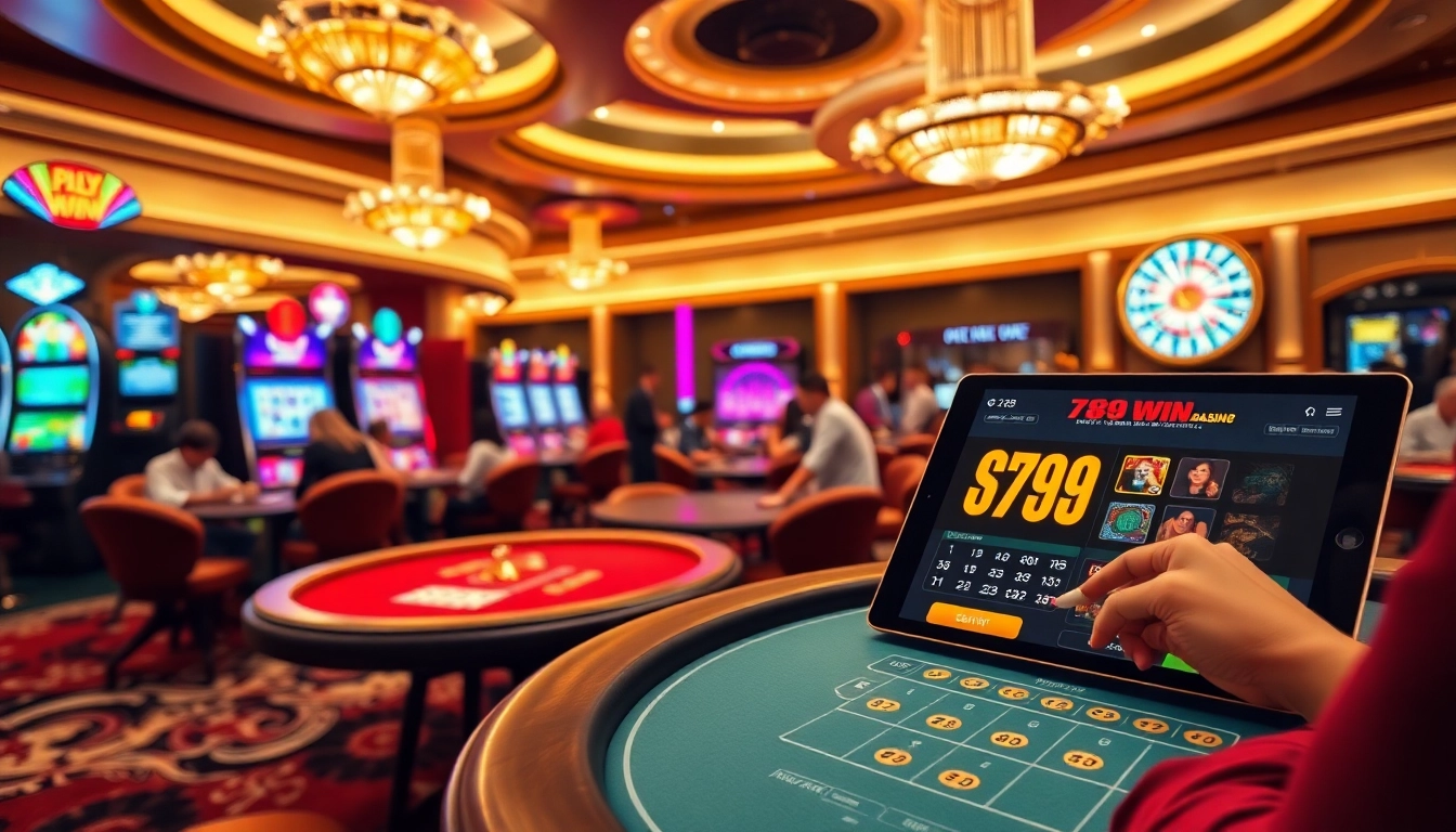 Experience the thrill of gambling with 789win at a luxurious casino featuring poker tables and vibrant slot machines.