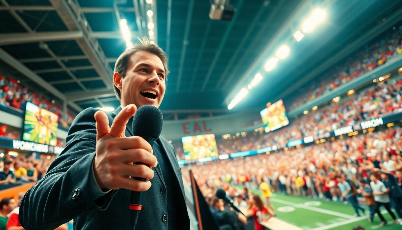 Engaging sports broadcasting moment with announcer and vibrant crowd to showcase Sports Broadcasting.