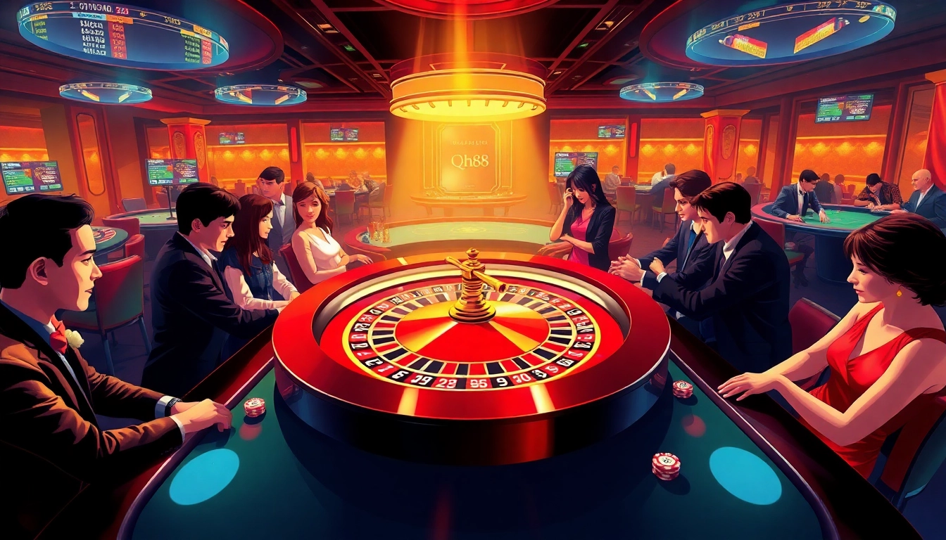 Players engaging at a luxurious casino table in the qh88 gaming atmosphere, capturing excitement and strategic betting.