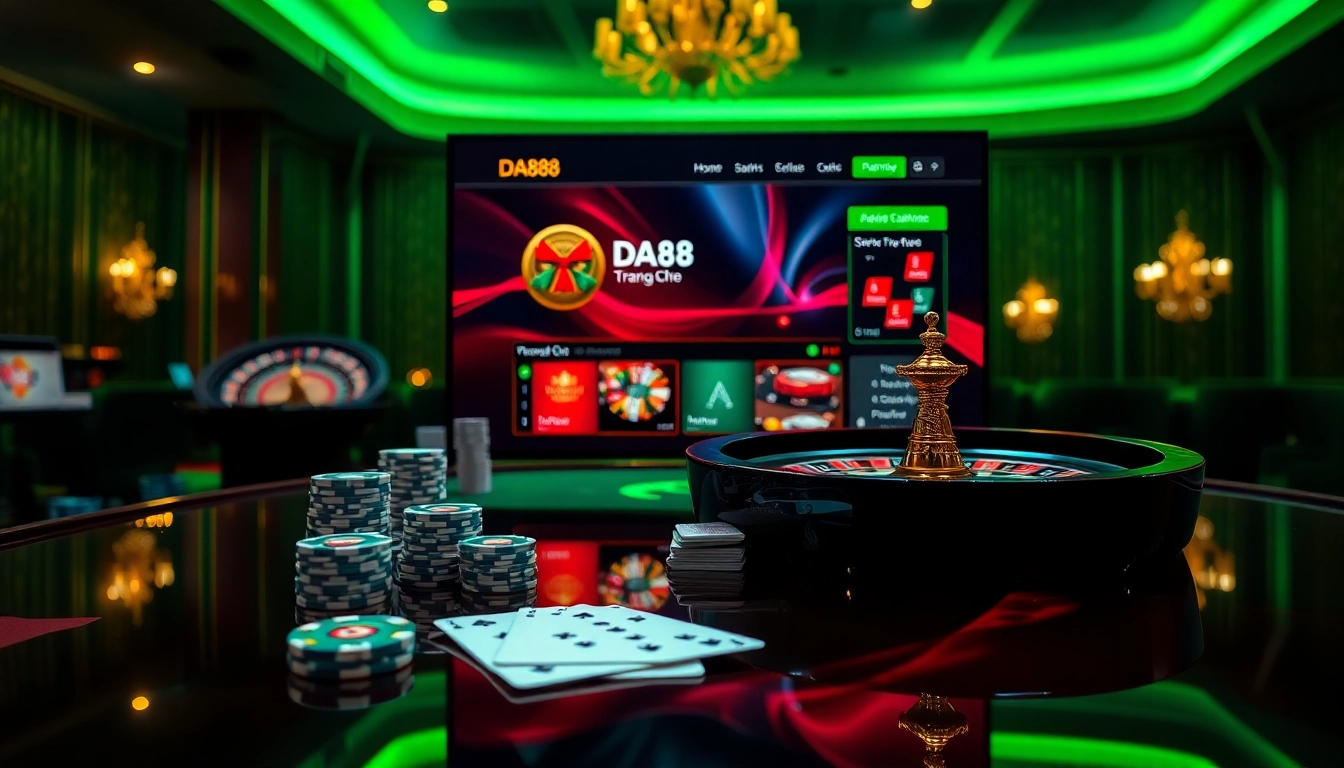 Experience high-stakes gaming at Trang Chủ DA88 with luxury casino tables and vibrant gambling elements.