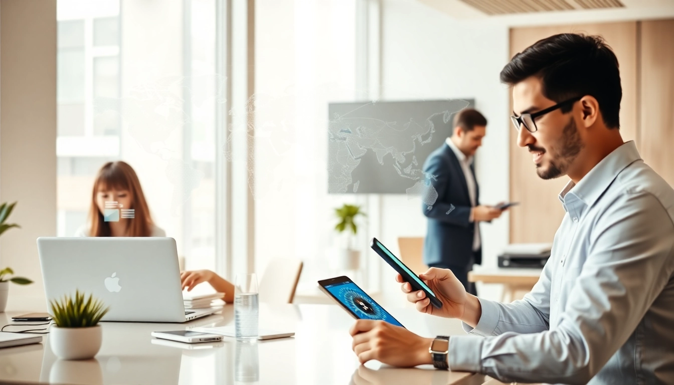 Users accessing 快连官网 in a modern workspace, showcasing global connectivity and advanced technology.