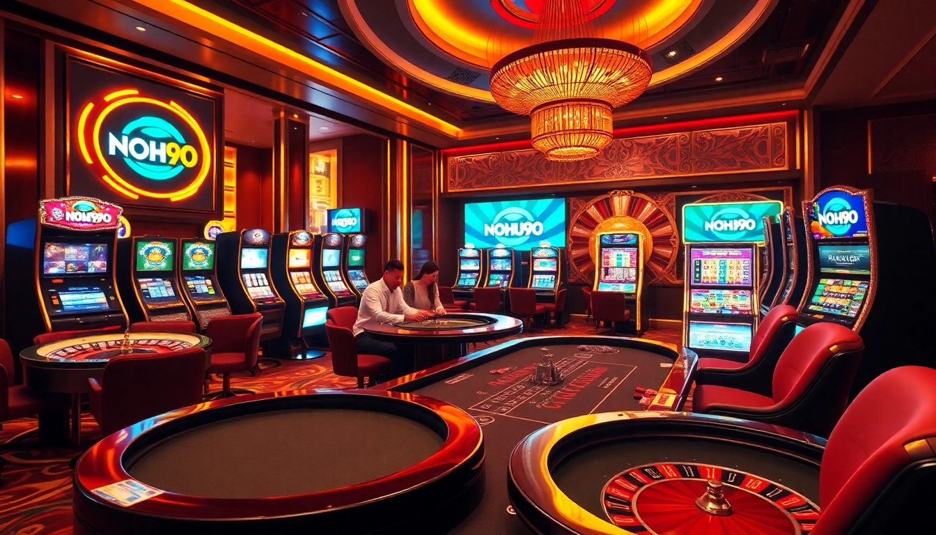Exciting casino ambiance showcasing NOHU90 gaming with poker tables, vibrant chips, and a roulette wheel.