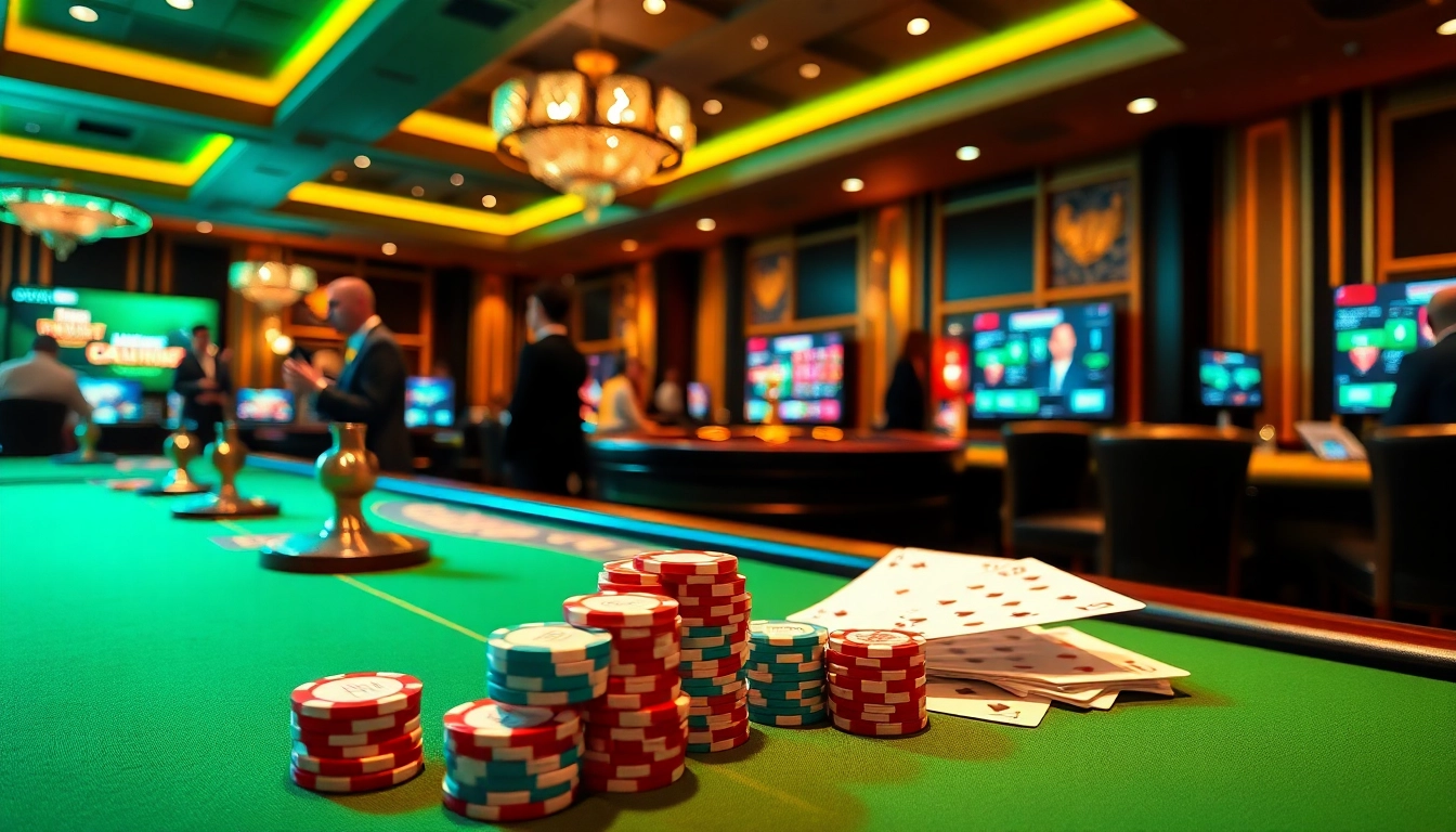 Winning at Bay789 with vibrant poker tables and colorful chips in a luxurious casino scene.