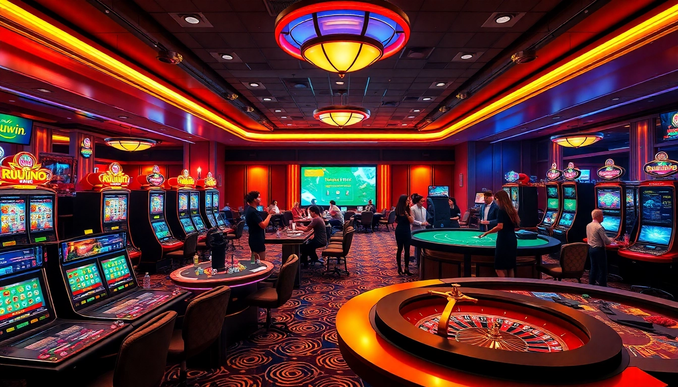Engaged players enjoying various games at Nhà cái Kuwin, showcasing a vibrant casino atmosphere.