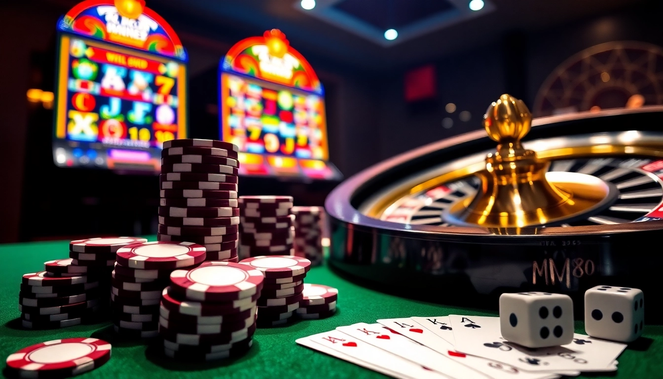 MM88 casino slot machines and poker chips create an exciting gambling atmosphere.