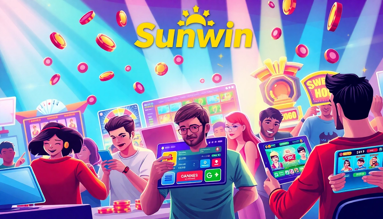 Sunwin online gaming excitement with diverse players enjoying slots and sports betting.