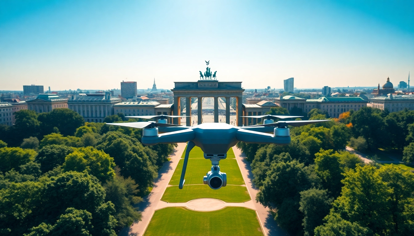 Drohnenaufnahmen Berlin von Berlins Skyline mit dem Brandenburger Tor im Hintergrund.