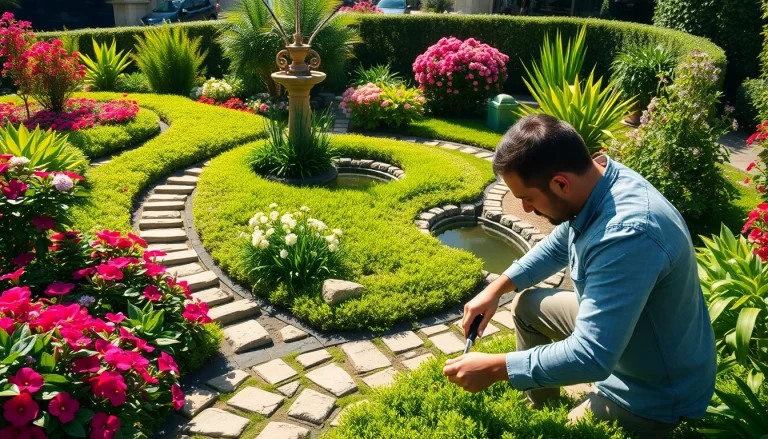 Gartenlandschaftsbau mit professionellem Landschaftsgärtner in buntem Garten und blühenden Pflanzen.