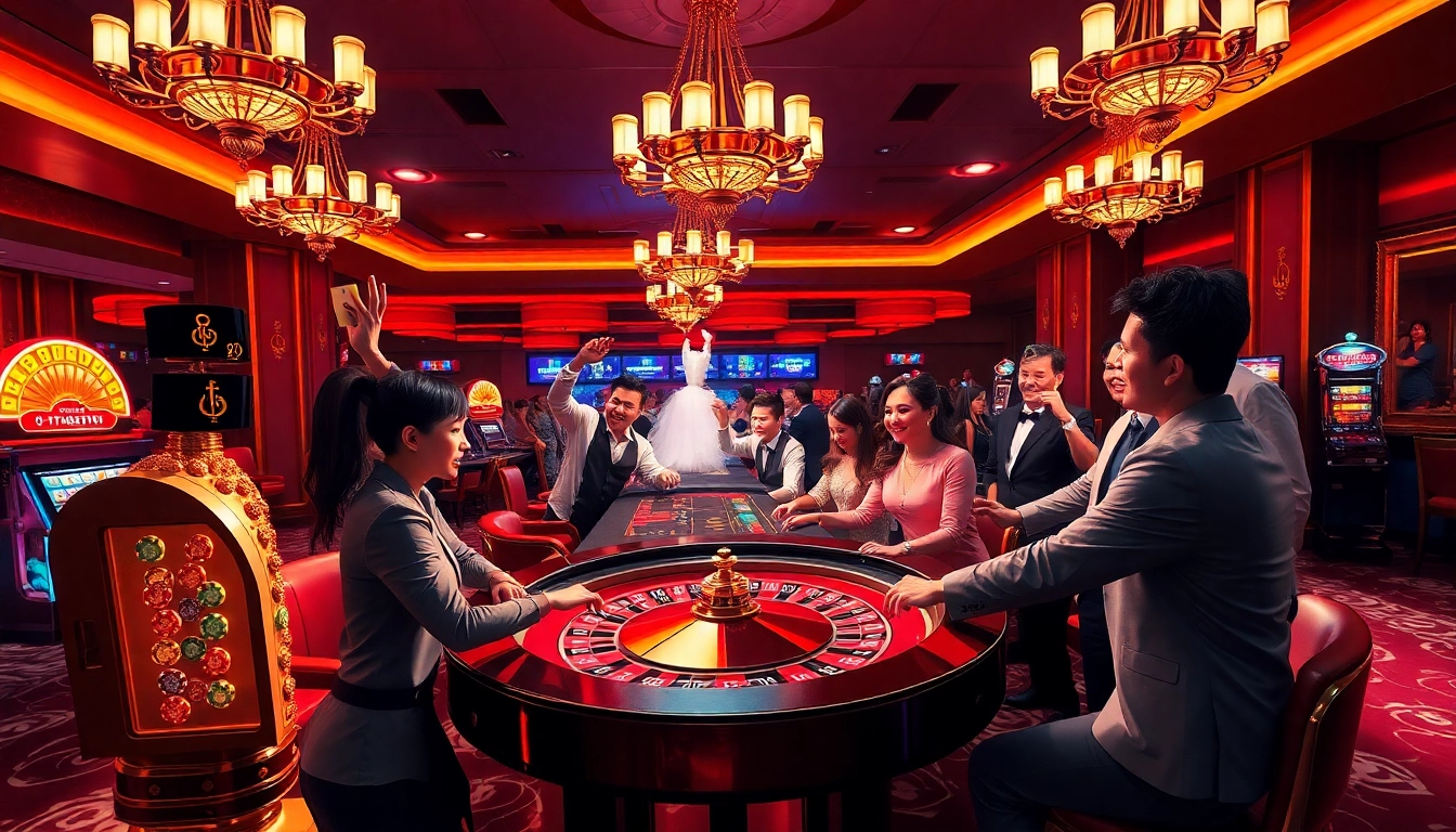 Casino excitement at Thabet77 with players winning chips and engaging at tables.