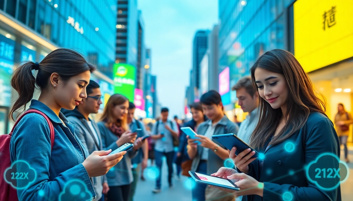 快连官网 showcases users experiencing fast, reliable connectivity with modern technology devices in a vibrant city.