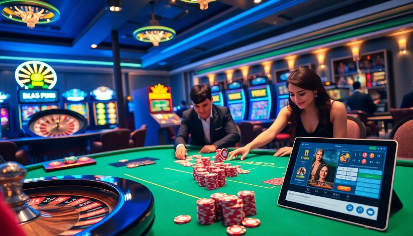 Exciting atmosphere of 789win bet with players at casino tables enjoying thrilling games.