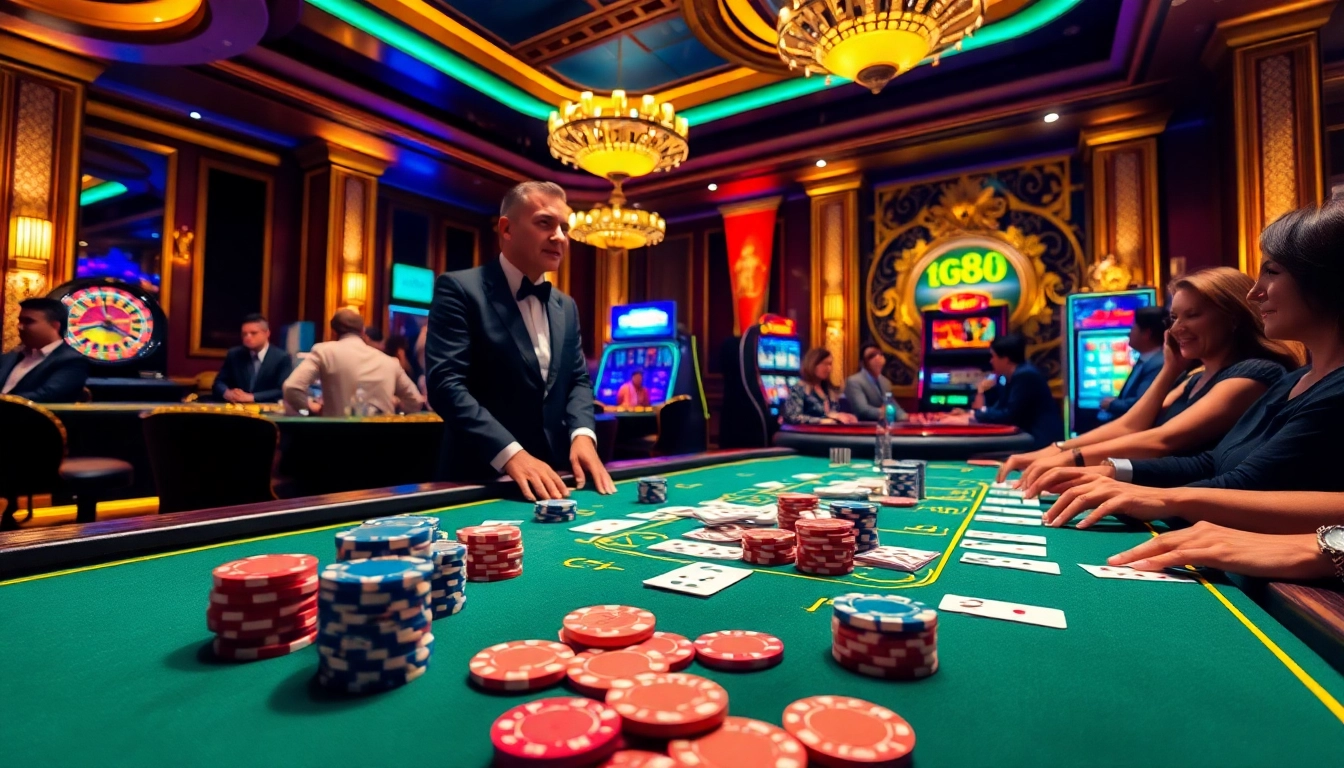 Players enjoying poker at TG88 casino, surrounded by vibrant slot machines and roulette tables.