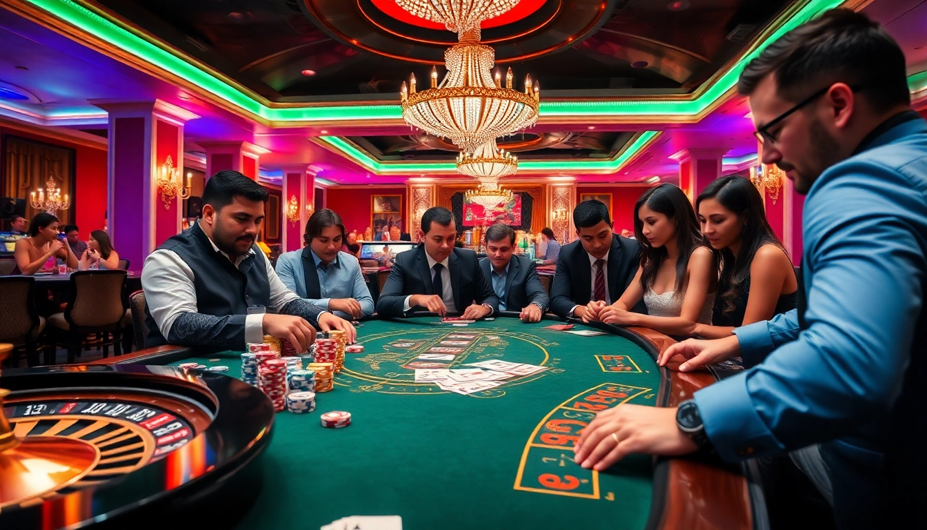 Players engaging in an exciting poker game at S8 com casino table, surrounded by colorful chips.