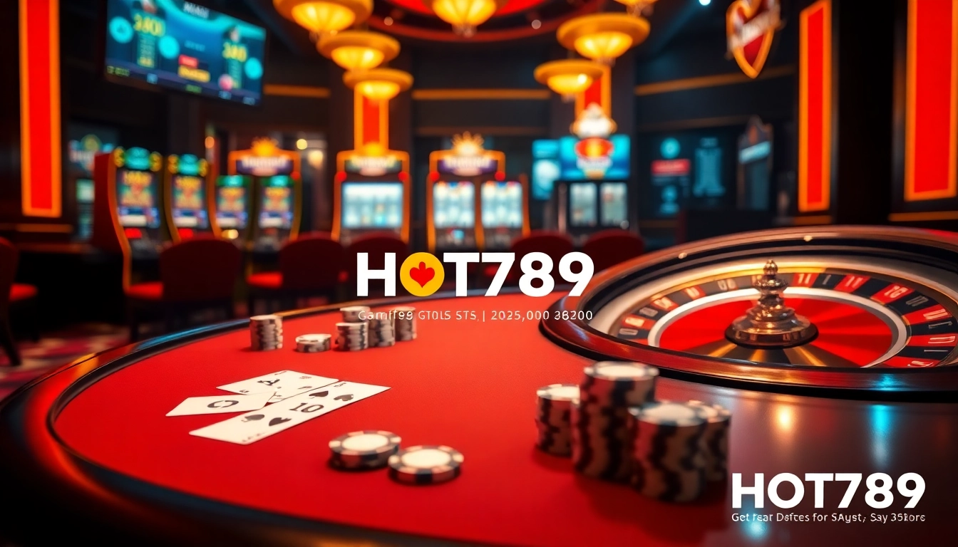 Experience the excitement of HOT789 at an elegant casino setting with poker, slots, and roulette.